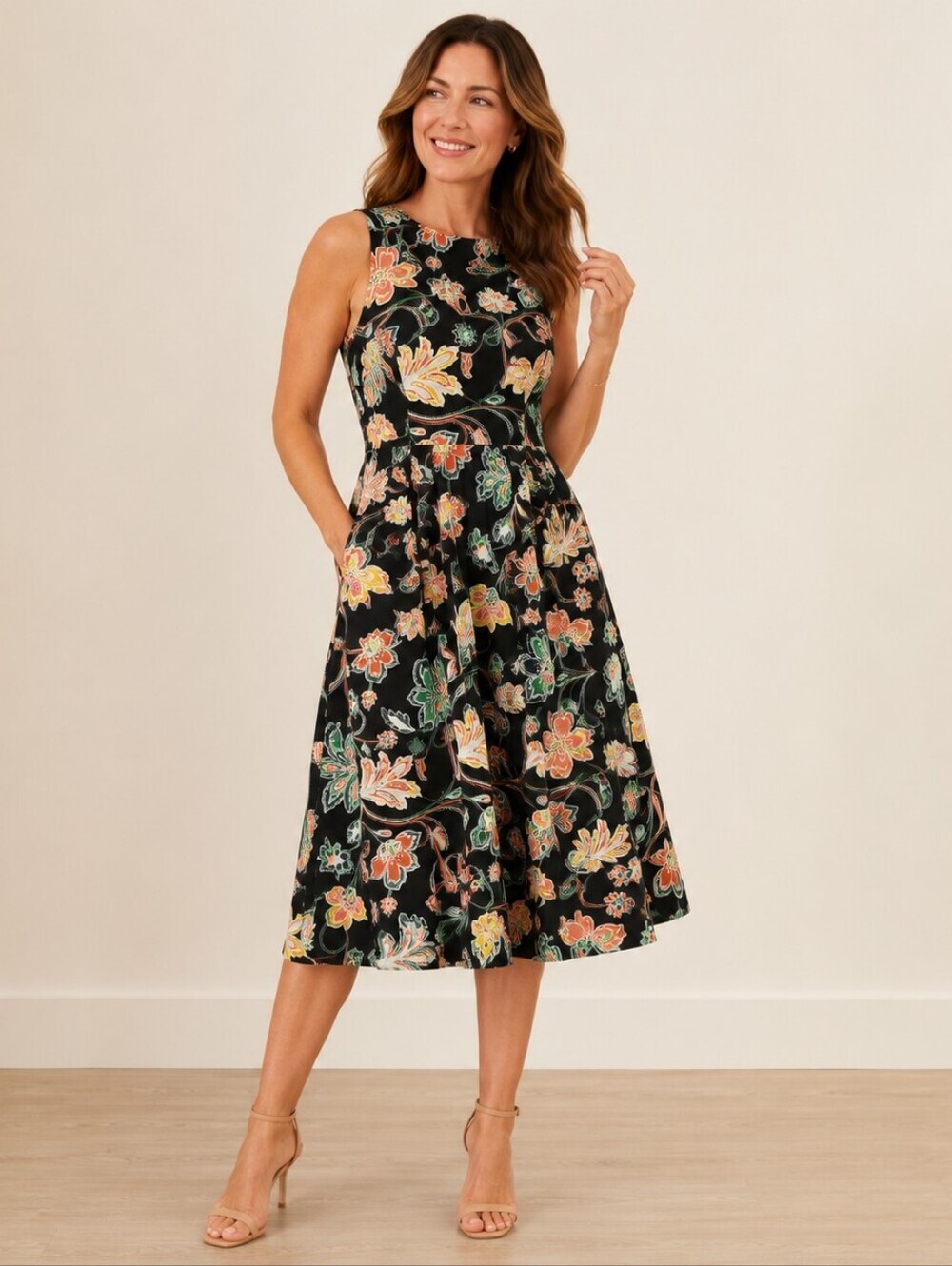Hobbs London Emilie Floral Cotton Midi Dress Women's US 12 Black Multicolor NWT